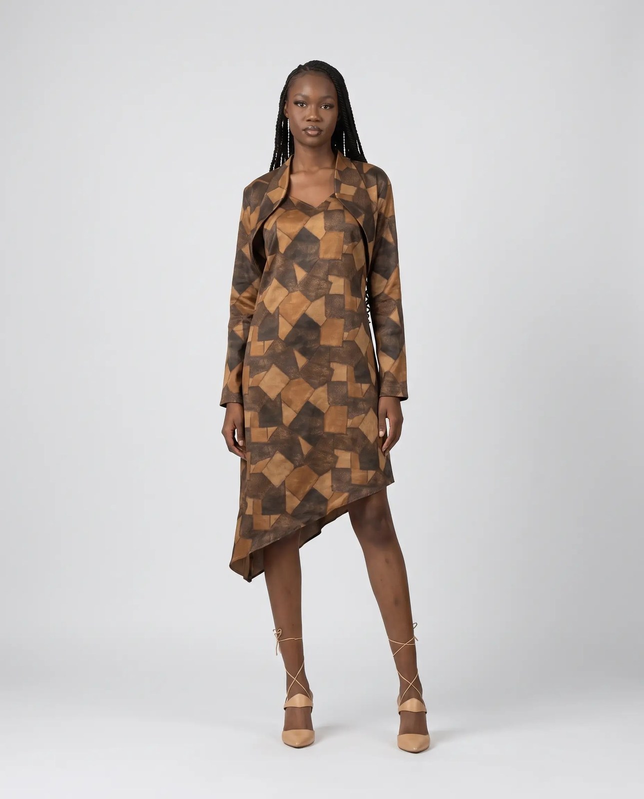 Robe asymétrique imprimé géométrique avec veste assortie, création sur mesure